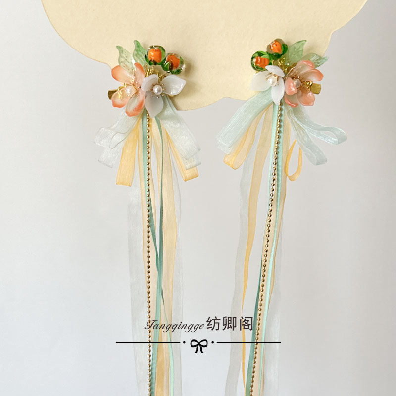 中秋古风小女孩黄色飘带黄素馨对夹儿童日常旗袍汉服丝带发夹头饰图片