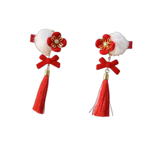 儿童新年头饰女童冬季中国风汉服古风毛球发夹红色公主女宝宝发饰