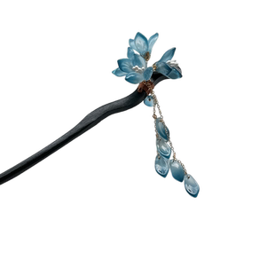 中国风蓝色花朵流苏发簪古风女童高级感步摇发钗中式簪子汉服头饰