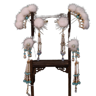 清冷汉服毛球发饰古风头饰毛绒发夹秋冬季水貂毛对夹发扣发钗夹子