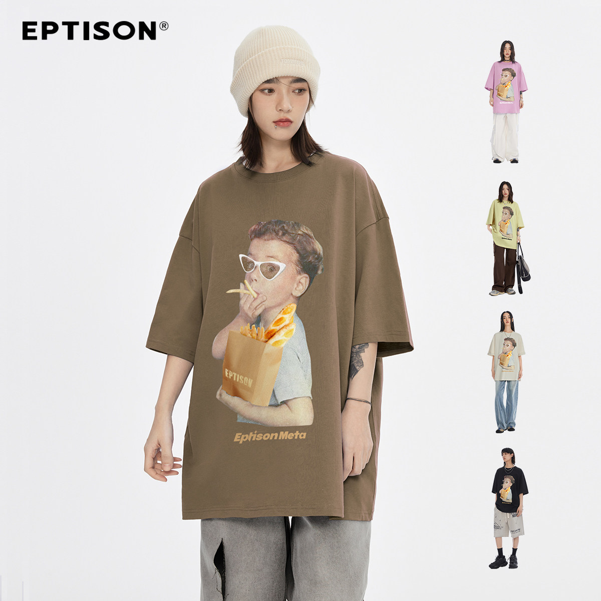 Eptison夏季新品搞怪男孩印花短袖T恤oversize纯棉重磅230G时尚