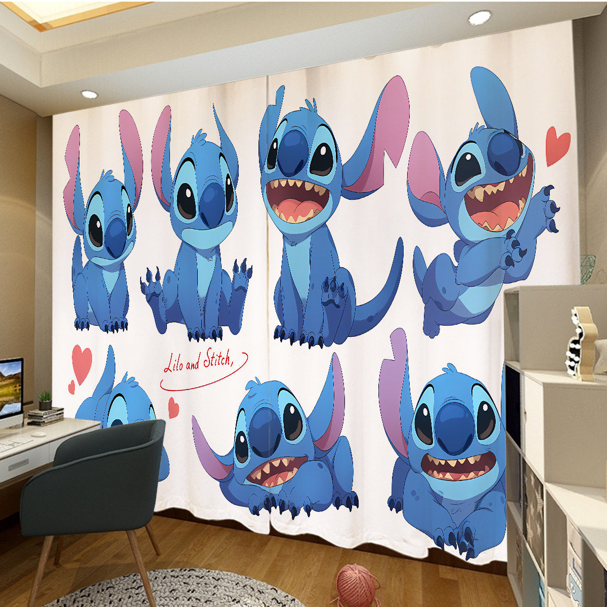 新款窗帘遮光儿童房女孩公主风史迪士奇卡通客厅定制卧室挂钩式尼