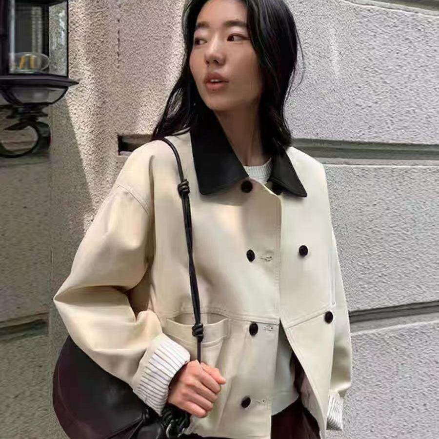 2026年秋款外套女撞色领长袖夹克风衣外套宽松休闲韩版学院风外套