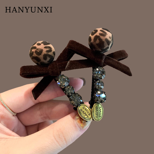 韩版复古豹纹圆珠发夹咖色丝绒蝴蝶结侧边夹精致镶钻鸭嘴夹一字夹