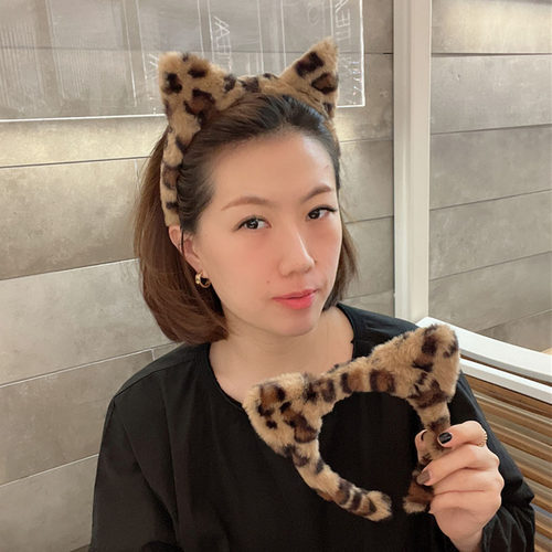 复古毛绒豹纹猫耳朵发箍女
