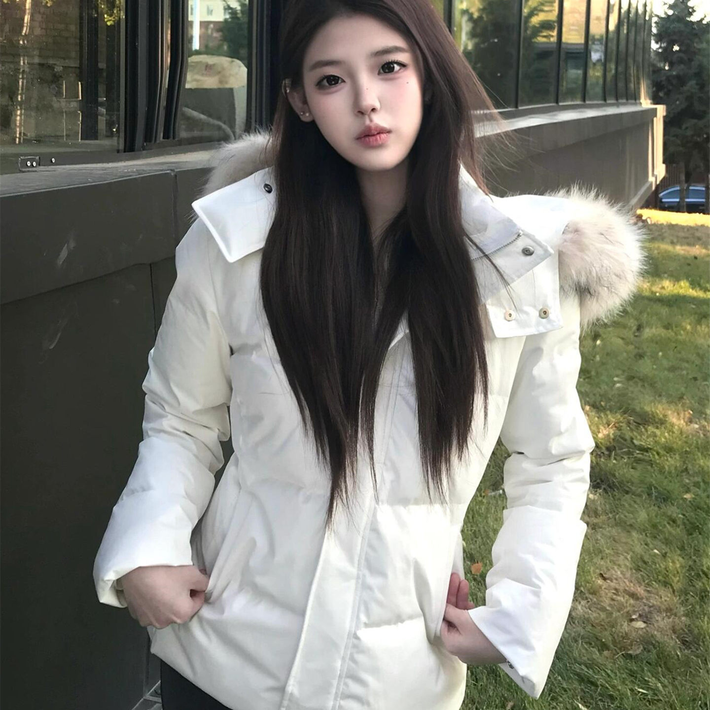 美式毛领连帽棉服女款冬