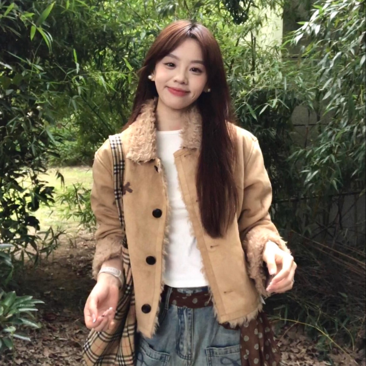 韩系羊羔毛麂皮一体外套