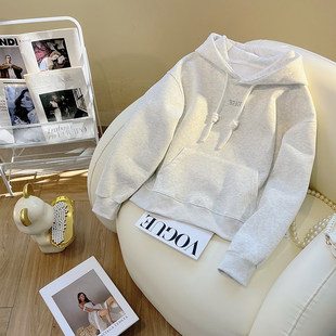 花灰色刺绣字母小个子短款加绒卫衣女秋冬款初中高中学生百搭上衣