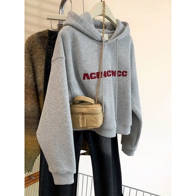 灰色连帽套头短款加绒卫衣女秋冬2025新款爆款小个子宽松加厚上衣