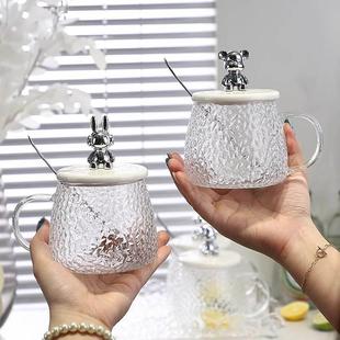 小杯熊杯ins高颜值带盖勺马璃克玻水花杯茶咖啡牛子奶杯口杯轻奢