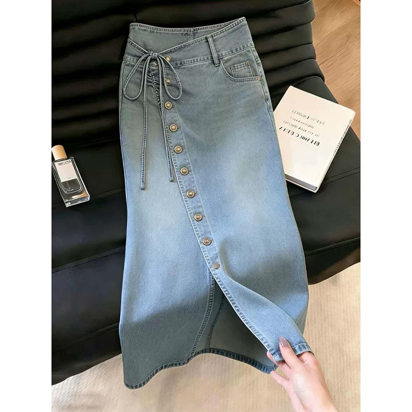 夏季蓝色牛仔开叉蝴蝶结半身裙