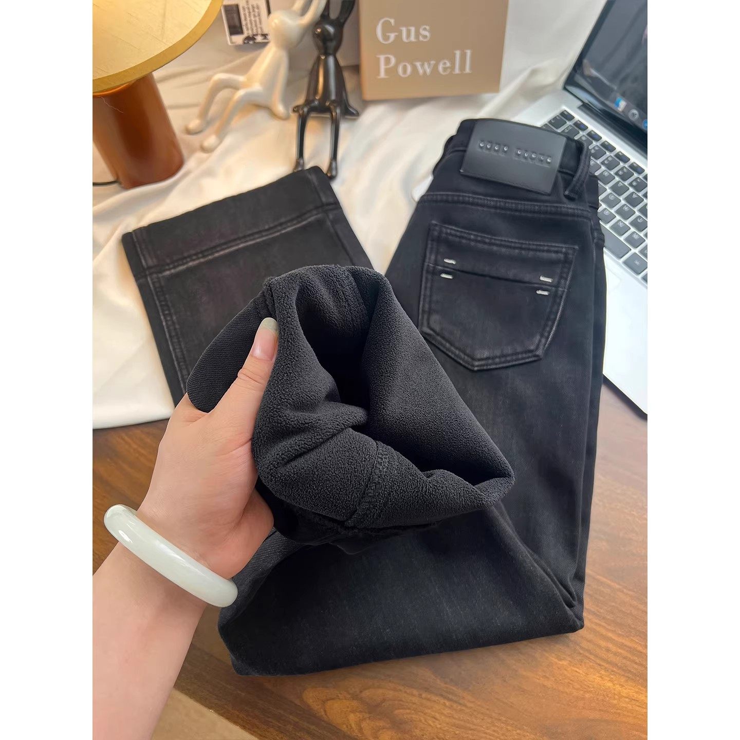 加绒阔腿牛仔裤女窄版高腰2025新款冬季小个子黑灰色显瘦直筒裤子