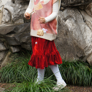 毛小姐 女童秋冬金丝绒国风半身裙 酒红色过膝加绒保暖中长裙子