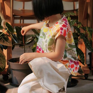 毛小姐 夏季女童新中式套装上衣裤子 清新果蔬印花 国风纯棉凉爽