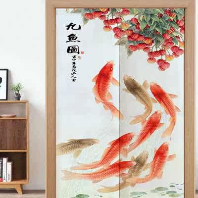 中式门帘隔断帘九鱼图布艺挂帘厨房客厅卧室半帘厕所装饰玄关半帘