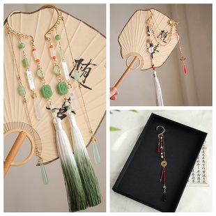 国风新中式铜钱荷花方牌耳挂古装汉服配饰古风黑红百搭长流苏耳饰