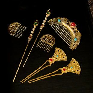 唐风金色富贵发饰套装国风古装汉服复古百搭唐装妆造发冠发梳发钗