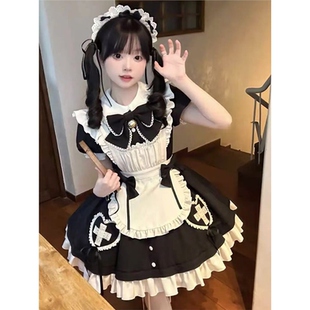 甜美高级感Lolita撞色拼接收腰连衣裙+飞飞袖围裙优雅女仆两件套