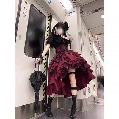 庄园暗黑哥特风lolita黑色衬衫红色提拉裙套装2025新款洛丽塔裙子