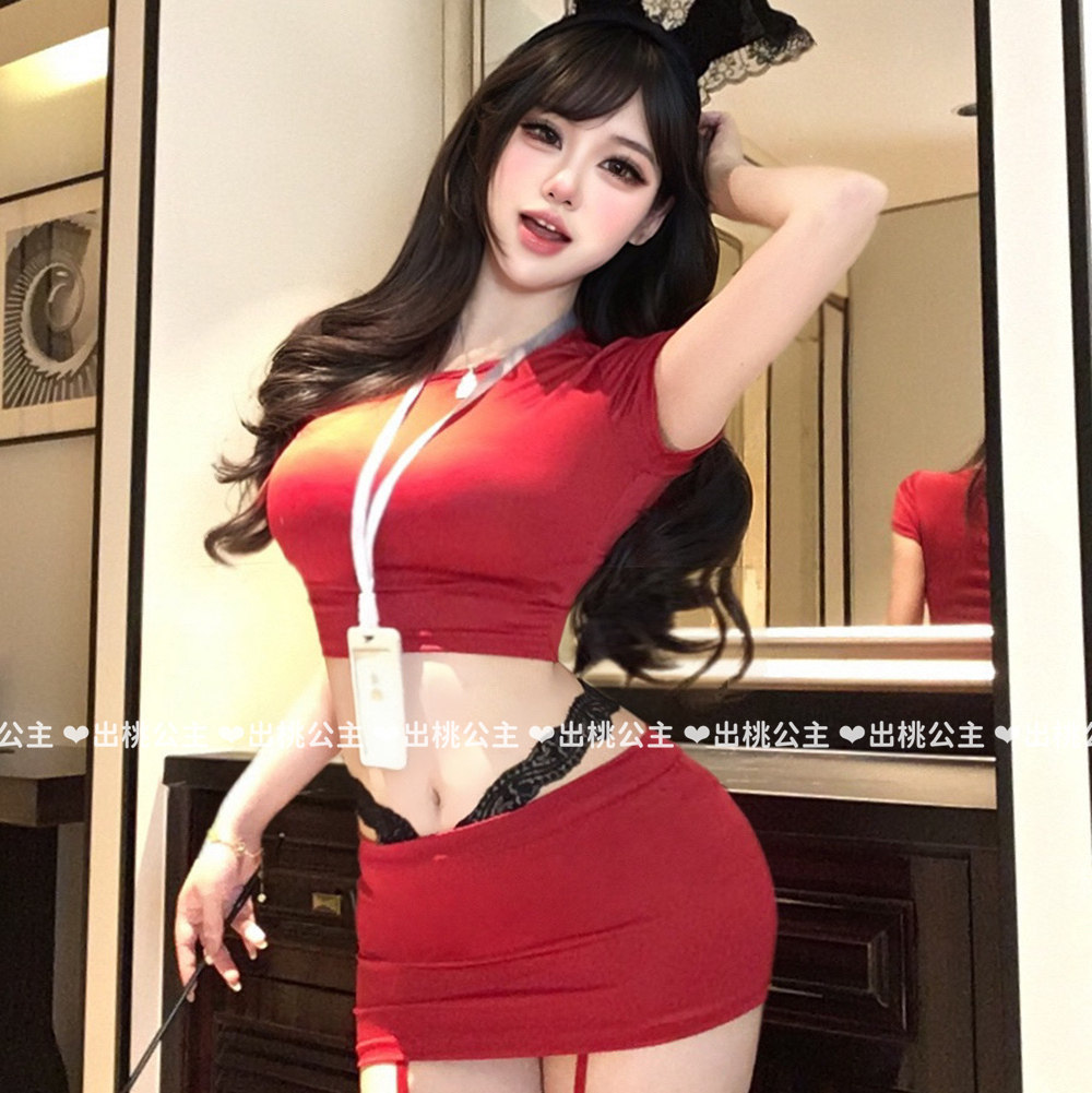 性感露腰辣妹两件套红色套装