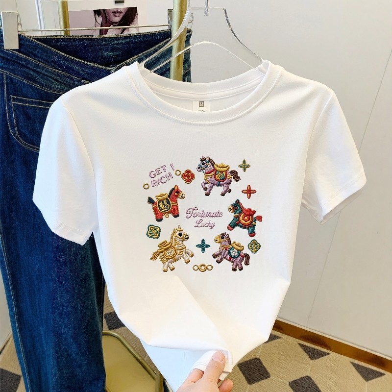 创意小马印花夏季2026新款正肩短袖T恤女胖MM遮肉百搭圆领上衣ins,女装/女士精品,T恤,淘宝优惠券,粉丝福利购,淘宝优惠卷