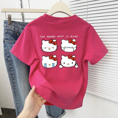 正肩可爱猫咪印花t恤短袖女夏季2025新款小个子百搭设计感ins上衣
