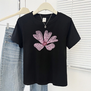 显瘦遮肚子修身 美式 新款 t恤女2025夏季 圆领上衣 正肩花朵印花短袖