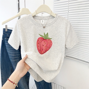2025新款 t恤女小个子百搭显瘦圆领上衣ins 设计感草莓印花正肩短袖