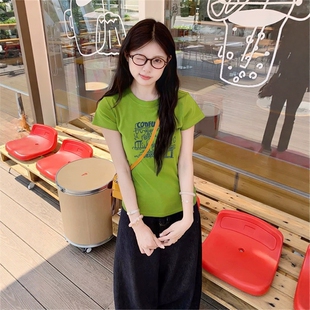 显瘦小个子短款 t恤女洋气百搭修身 上衣ins 草绿色正肩短袖 2025新款