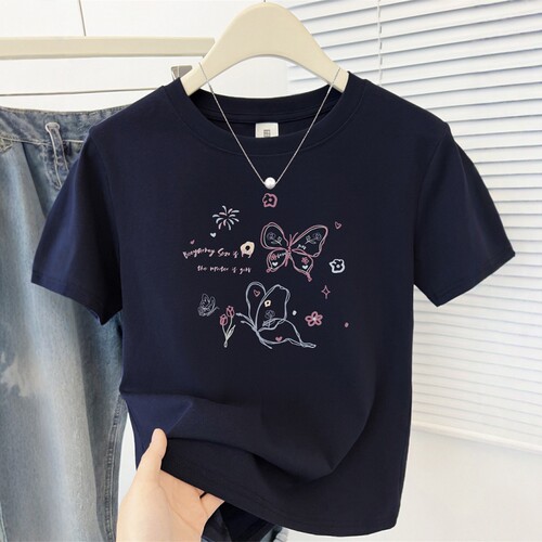 美式复古藏青色印花正肩短袖t恤女夏季设计感减龄百搭休闲上衣ins