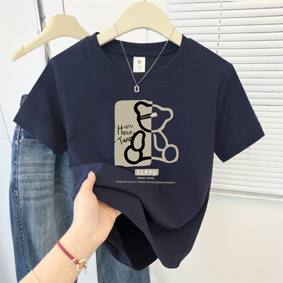 2025新款卡通小熊印花正肩短袖t恤女ins潮牌修身显瘦百搭夏季上衣