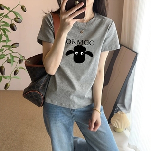 花灰色正肩时尚 设计感洋气百搭显瘦上衣 印花短袖 t恤女士2025新款