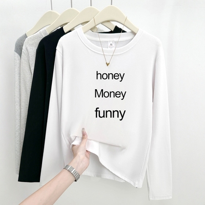 秋冬新款正肩内搭加厚白色长袖t恤女宽松百搭字母印花打底衫上衣