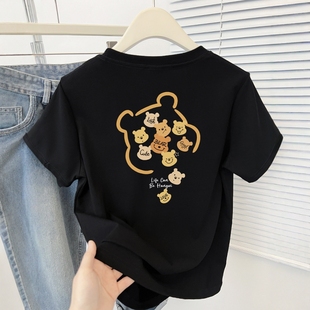 正肩黑色印花t恤女短袖夏季修身气质设计感小众短款半袖体恤上衣