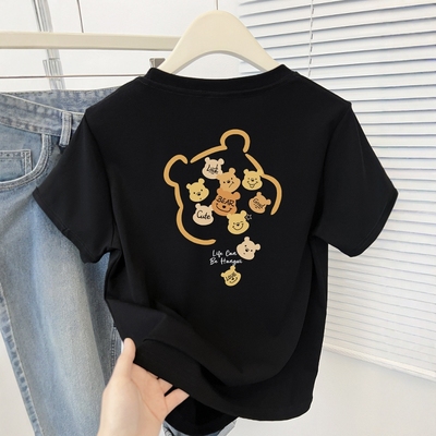 正肩黑色印花t恤女短袖夏季修身气质设计感小众短款半袖体恤上衣