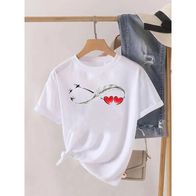 Love Heart Feather Trend Women Fashion Clothing Graphic T-sh