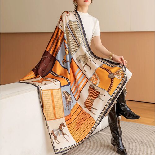 Luxury Horse Print Square Scarf Vintage Imitation Silk Shawl