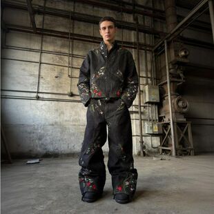 Jeans American Patchwork Y2K Women Embroidery Men Wid Floral