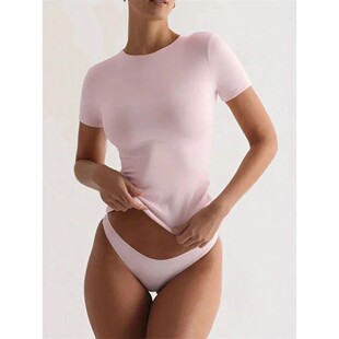 Cropped Tshirts Round Color Nec Casual Basic Women Solid for