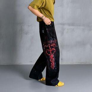 Embroidery Patch Distressed Mens Wide Jeans Washed Leg Baggy