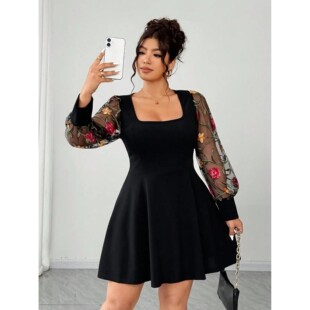 Flare Dress Mesh Square Embroidered Neck Floral Black with