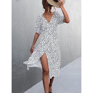 Dress Midi Women Summe Wrap Chiffon Side Casual Neck