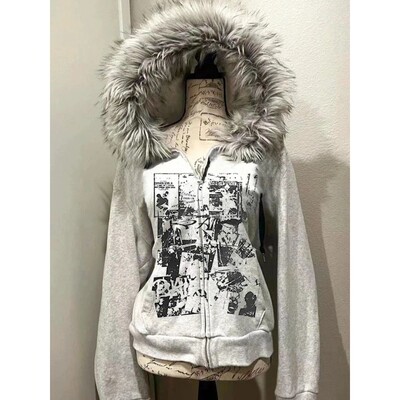 Faux Fur American Vintage Coats with Hooded Women's Y2K Swea