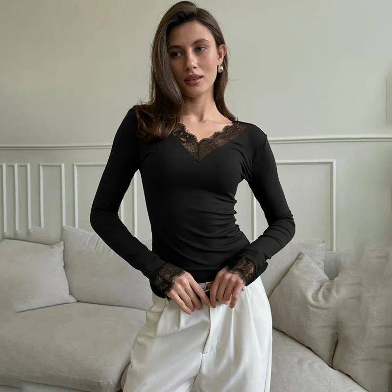 Tornova V neck Lace T shirt Top Women Sexy Navel Exposed Pul