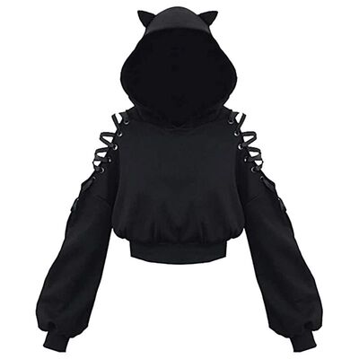 Y2k Gothic Womens Hoodie Cat Ear Crop Top Hooded Sweatshirt