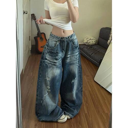 ZHIZOU Summer Women Jeans Punk Wide Fit Ripped Denim Pants D