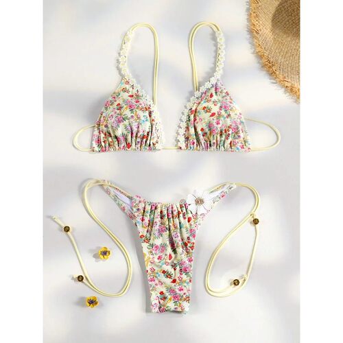 Floral Print Bordered Bikini Set Sexy Swimwear Women 2025 Bi