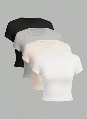4 pieces Solid color basic short sleeved tight fitting T-shi