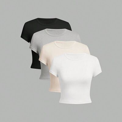 4 pieces Solid color basic short sleeved tight fitting T-shi