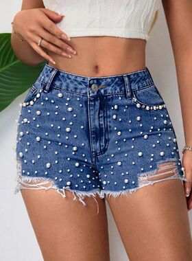autumn new women's pearl denim shorts high waist hole blue j